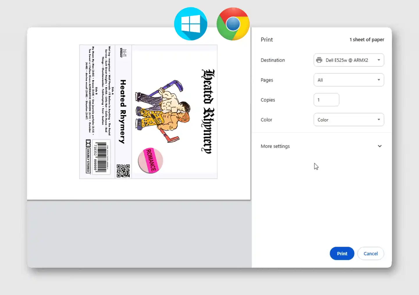 Tiskový dialog Chrome ve Windows zobrazující nastavení 100% měřítka