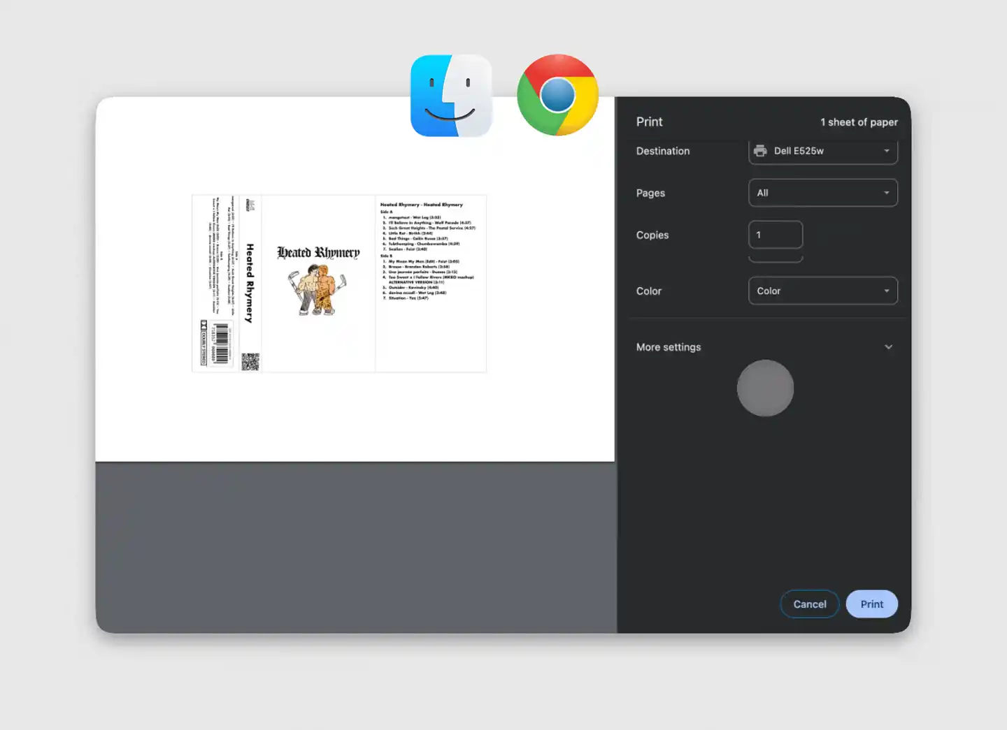 Tiskový dialog Chrome na Macu zobrazující nastavení 100% měřítka