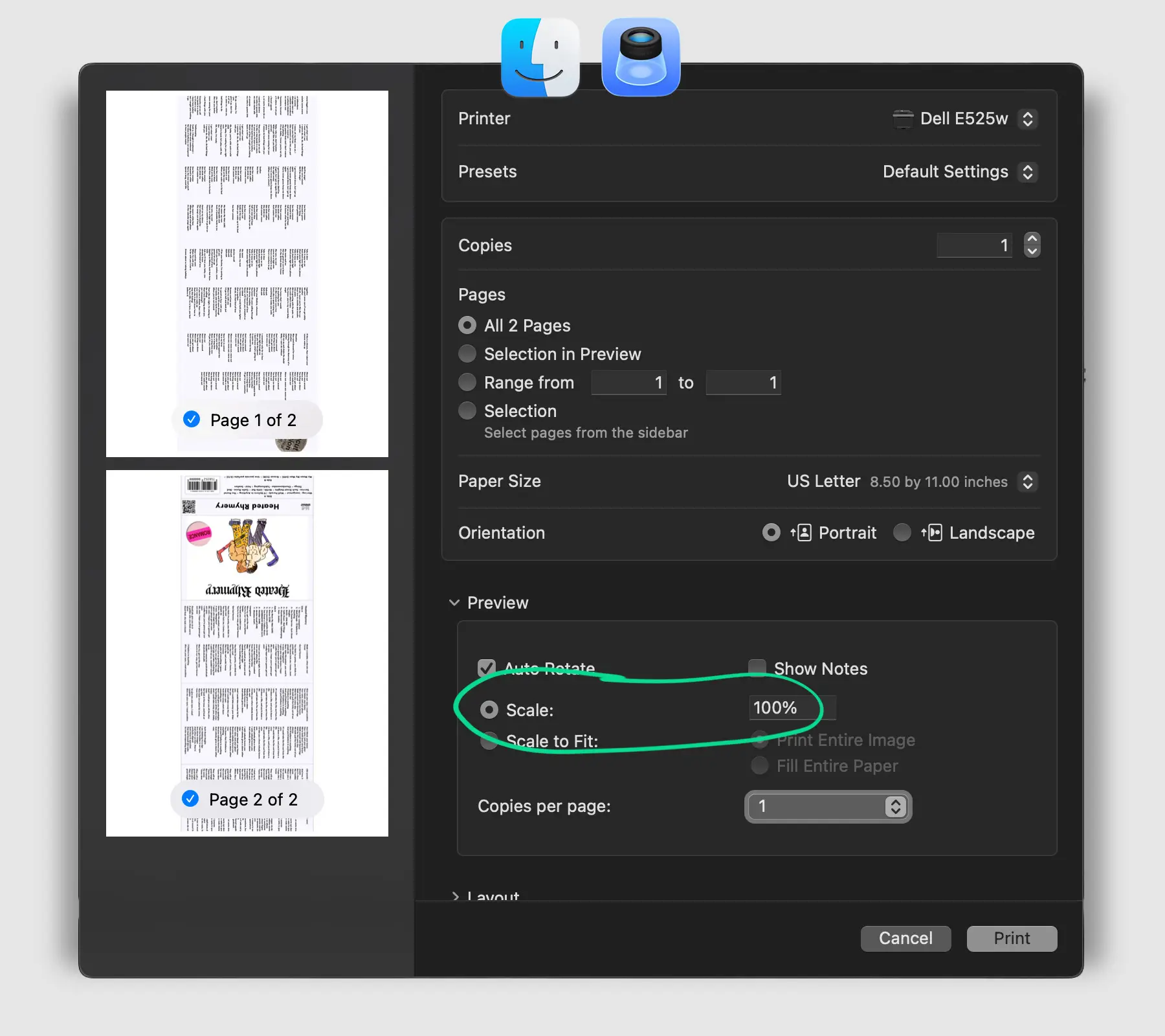 Tiskový dialog Mac Preview zobrazující nastavení měřítka
