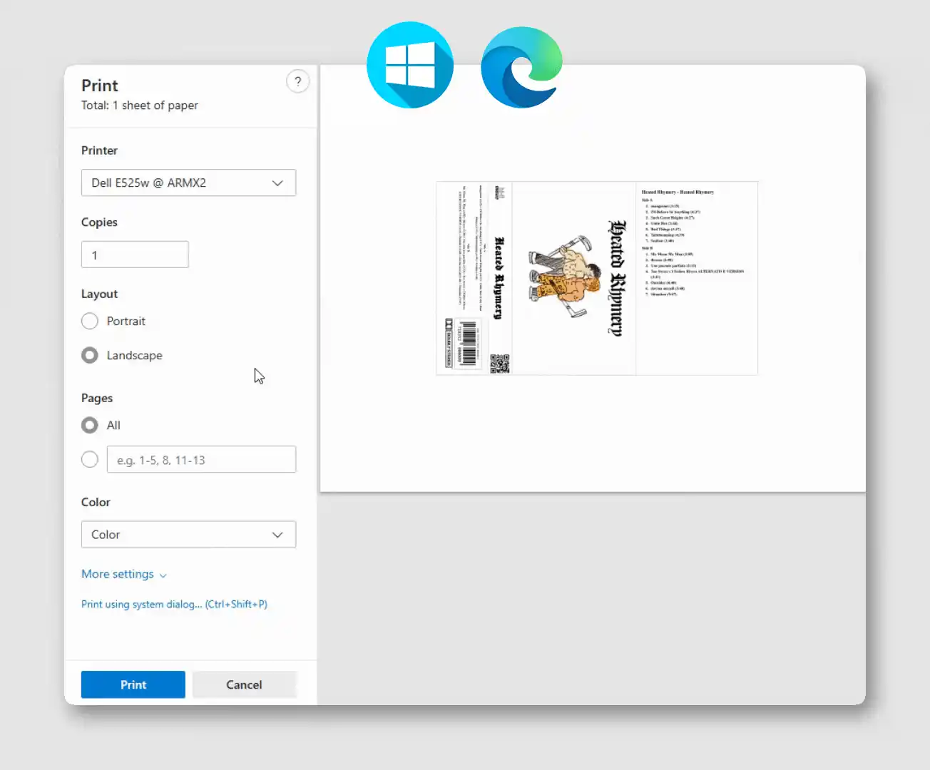Tiskový dialog Microsoft Edge zobrazující nastavení 100% měřítka