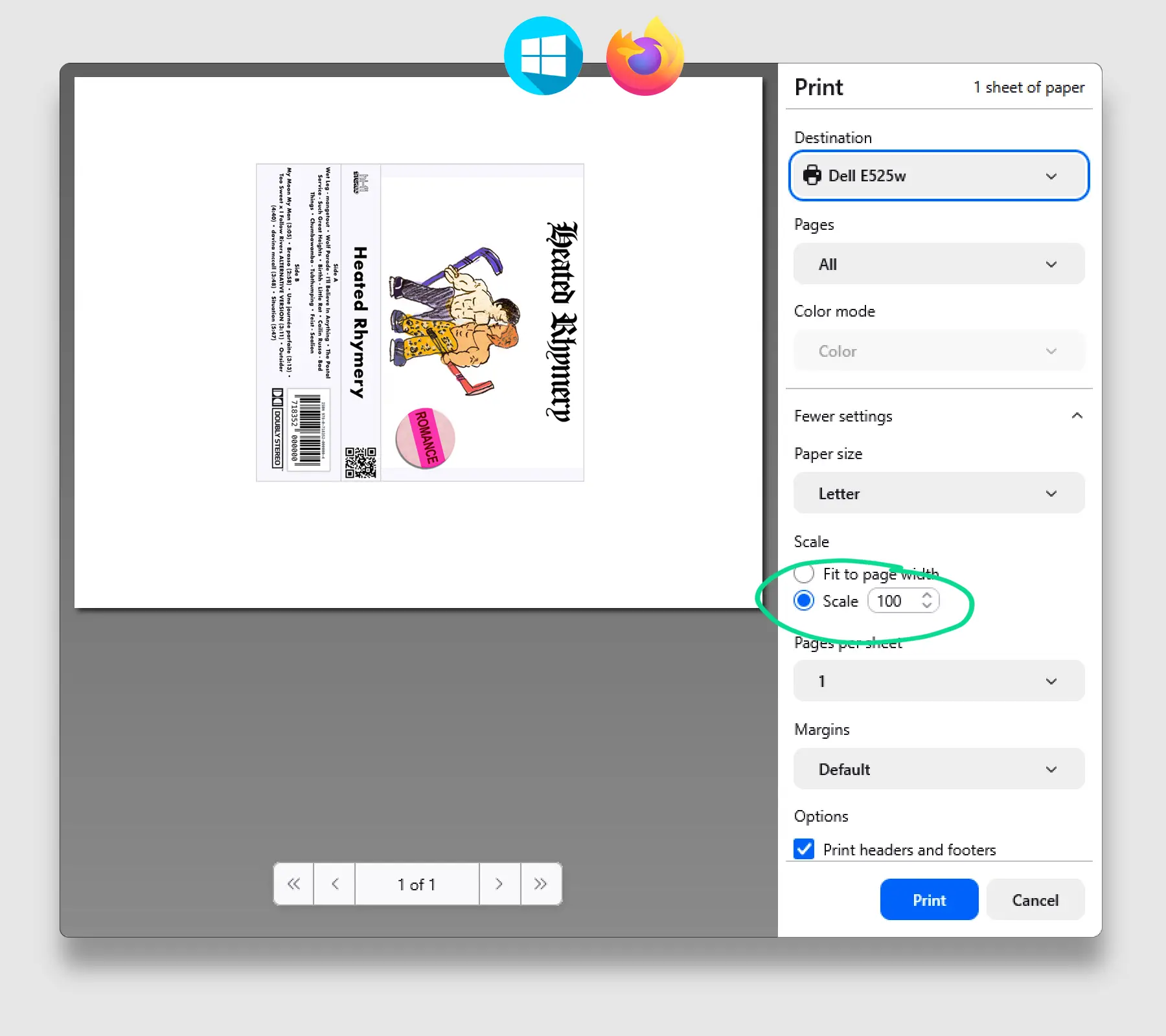 Tiskový dialog Firefox ve Windows zobrazující nastavení měřítka