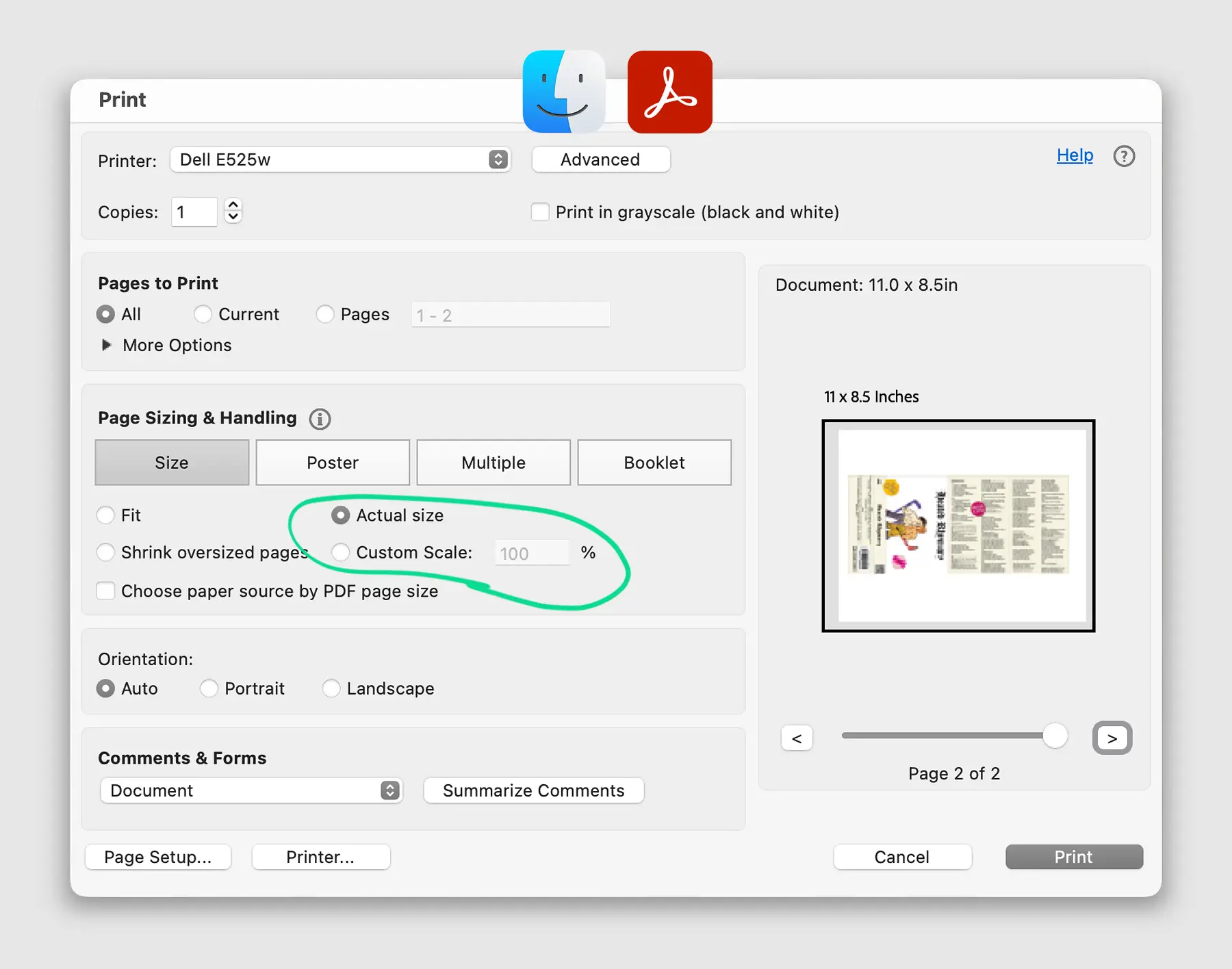 Tiskový dialog Adobe Acrobat na Macu zobrazující nastavení měřítka