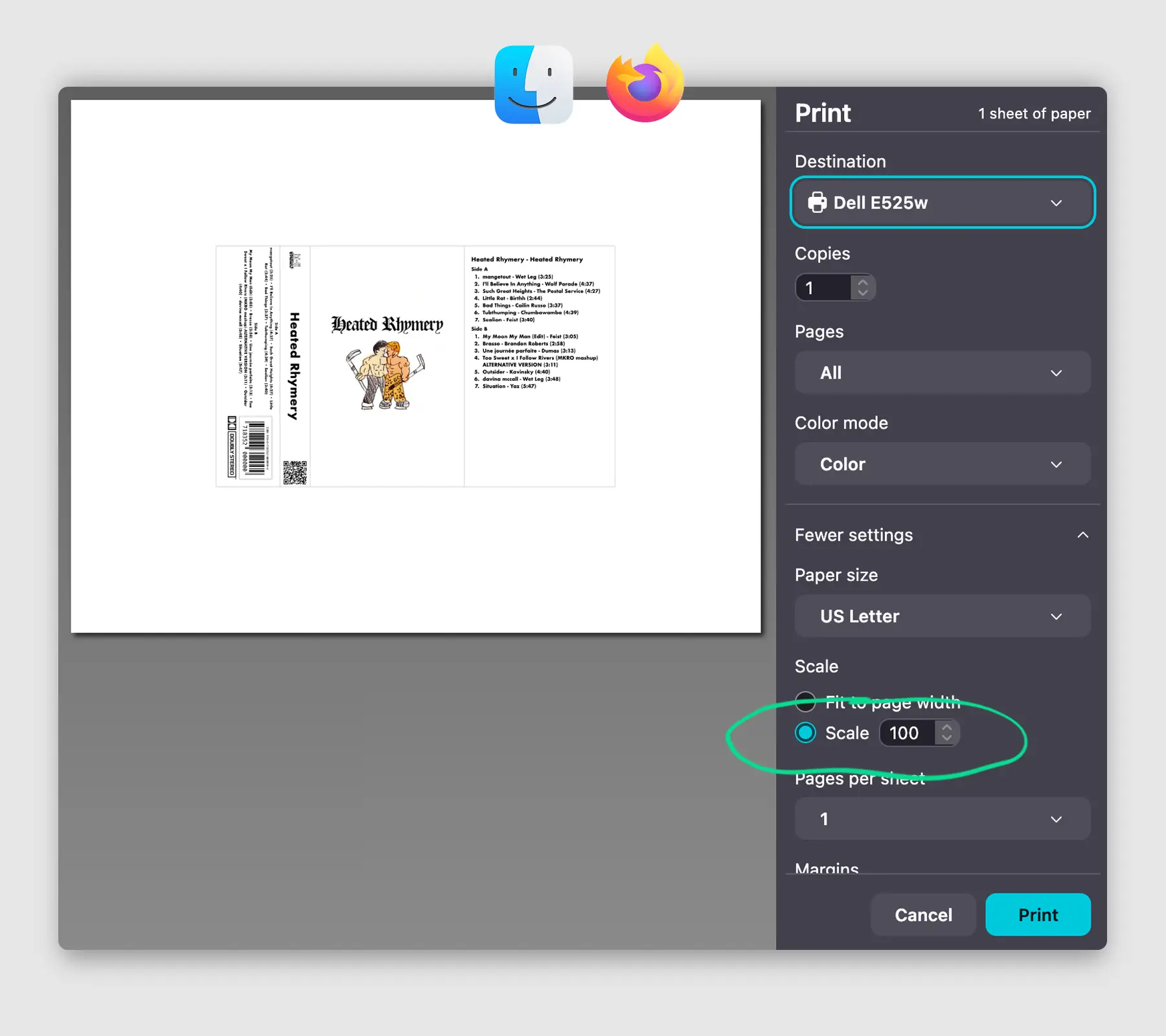Tiskový dialog Firefox na Macu zobrazující nastavení měřítka
